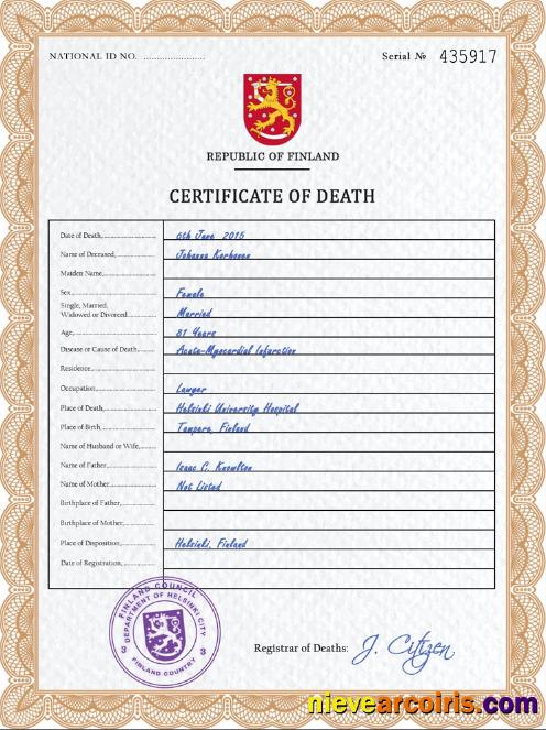 Finland death certificate